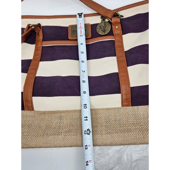 Younique Striped Purple Canvas + Burlap Purse Beach Tote - Picture 5 of 6